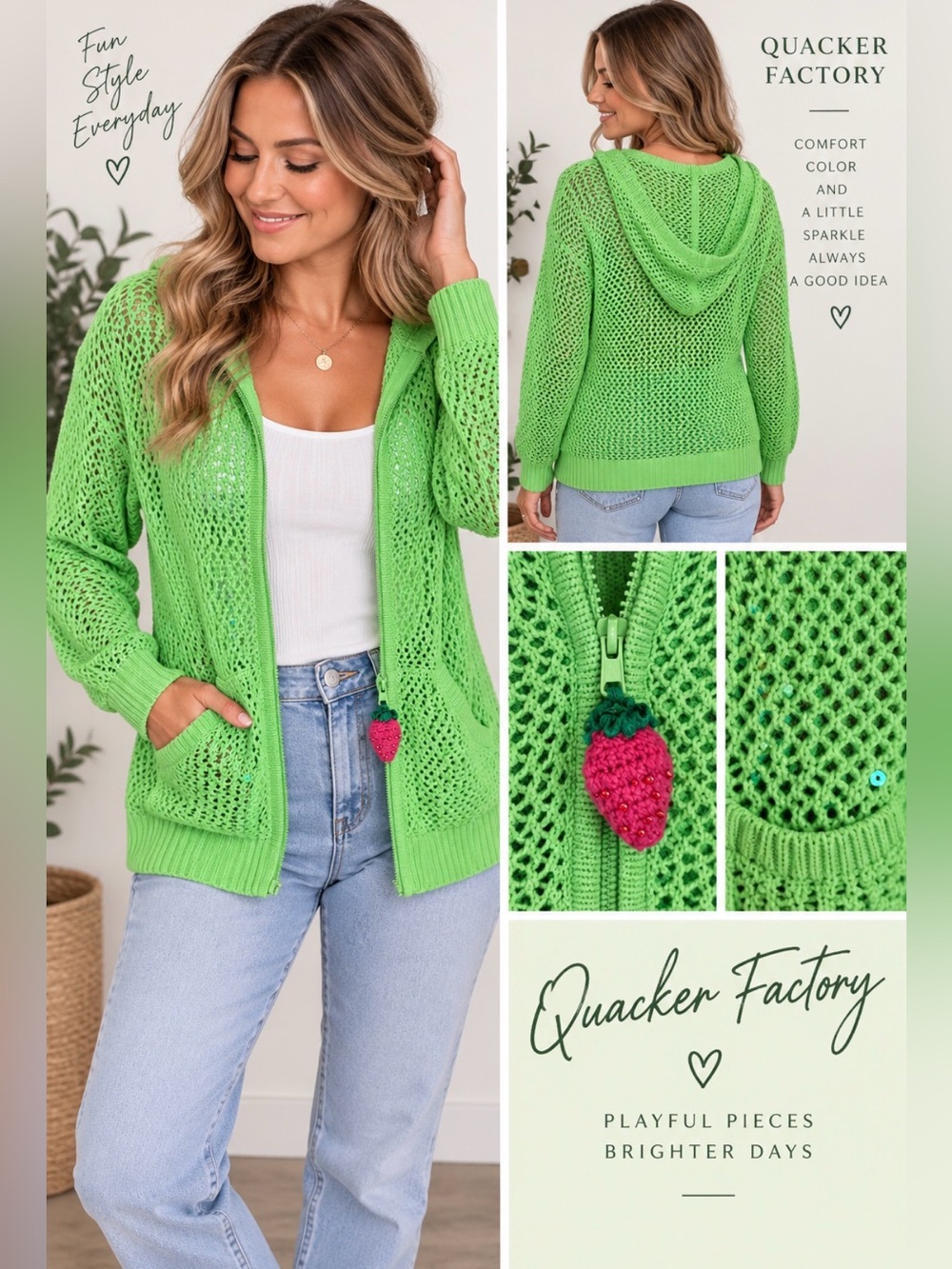 615 Quacker Factory Green Open Knit Sequin Hooded Zip Cardigan Sweater M